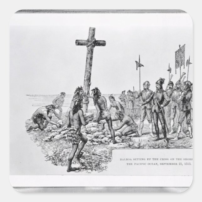 Balboa Setting up the Cross on the Shore Square Sticker (Front)