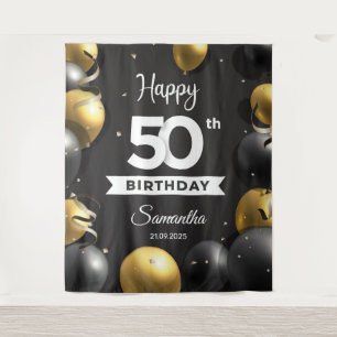 Balck and gold balloons 50th birthday backdrop tapestry