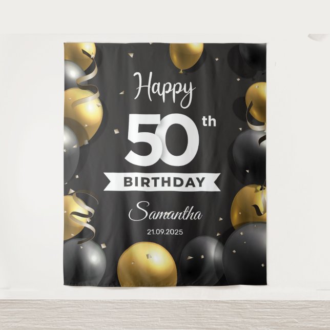 Balck and gold balloons 50th birthday backdrop tapestry (Front)