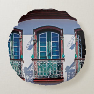 Balconies on facade in Diamantina, Minas Gerais, B Round Cushion