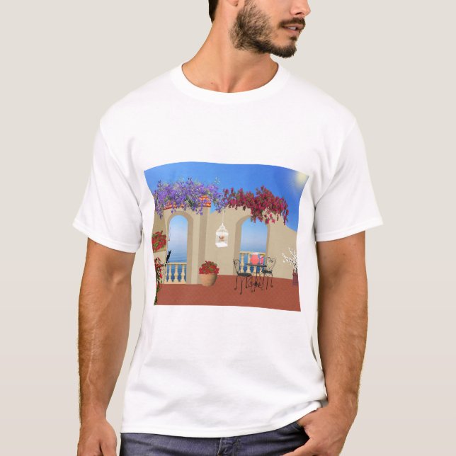 Balcony Outside Flowers Table Tranquility Seaside. T-Shirt (Front)