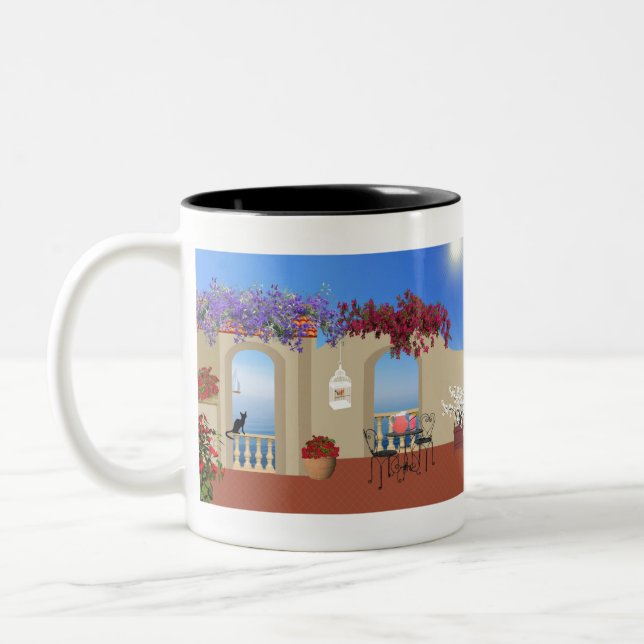 Balcony Outside Flowers Table Tranquility Seaside. Two-Tone Coffee Mug (Left)