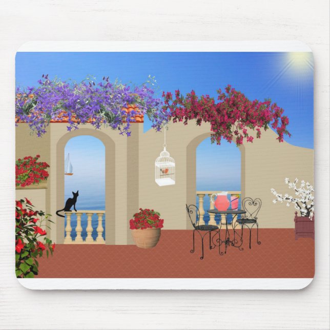 Balcony Outside Flowers Table Tranquillity Seaside Mouse Mat (Front)