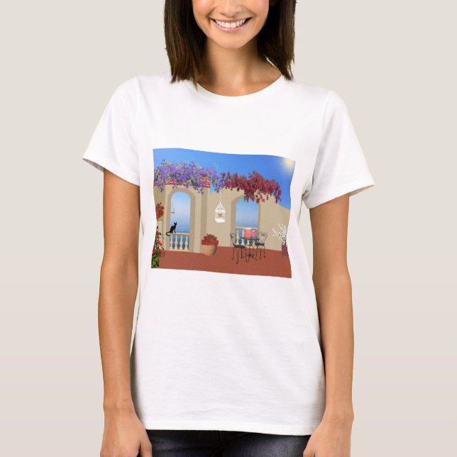 Balcony Outside Flowers Table Tranquillity Seaside T-Shirt (Front)