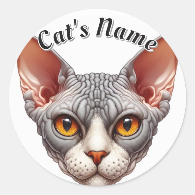 Bald and Wrinkly Grey Cat • Personalised Classic Round Sticker (Front)