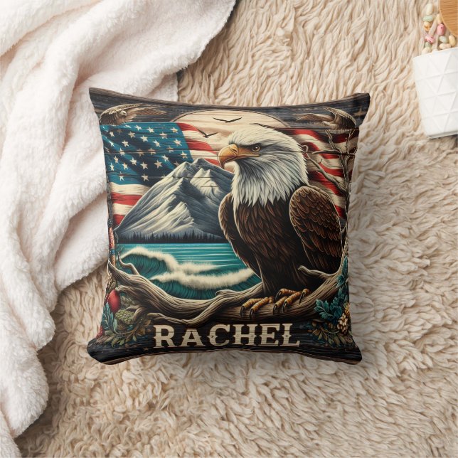 Bald Eagle Against Mountain and American Flag Cushion (Blanket)
