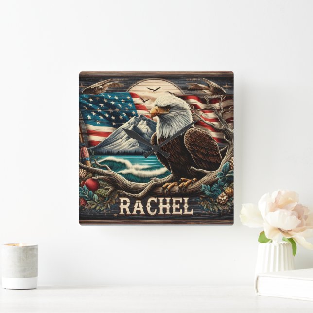 Bald Eagle Against Mountain and American Flag Square Wall Clock (Home)