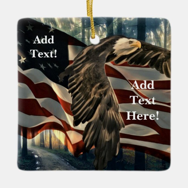 Bald Eagle American Flag Country Road Ceramic Ornament (Front)