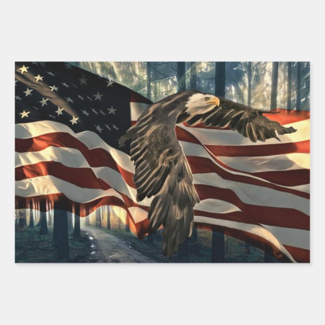 Bald Eagle American Flag Country Road Wrapping Paper Sheet (Front)