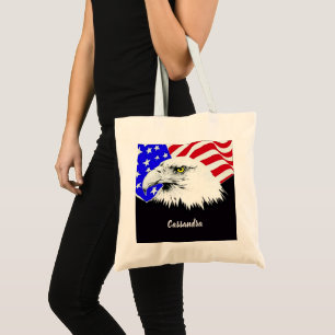 Bald Eagle American Flag Custom Name or Quote Tote Bag