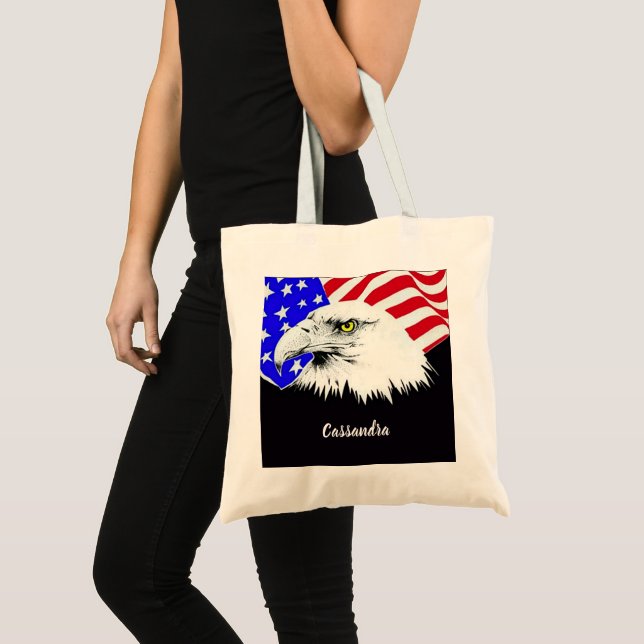 Bald Eagle American Flag Custom Name or Quote Tote Bag (Front (Product))