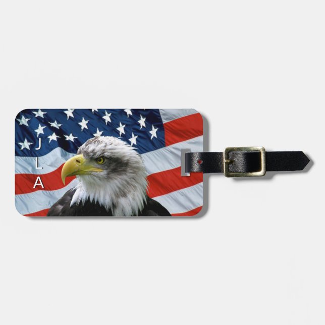 Bald Eagle American Flag Monogram Luggage Tag (Front Horizontal)