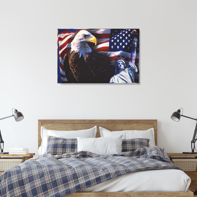 Bald Eagle an Statue of Liberty an American flag Canvas Print (Insitu(Bedroom))