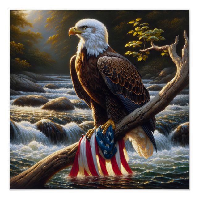 Bald Eagle and American Flag On a Tree Branch Poster (Front)