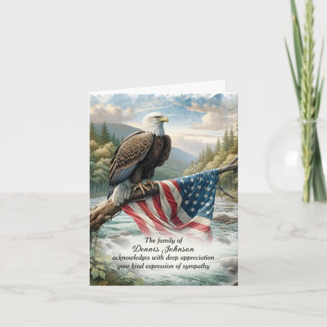 Bald Eagle and Flag On Branch Sympathy Thank You Card (Front)