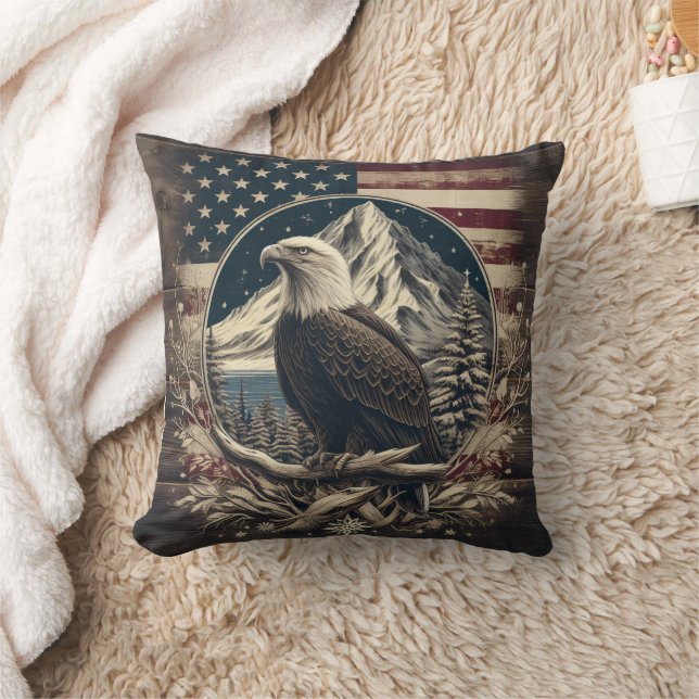Bald Eagle by Mountains and Flag Cushion (Blanket)