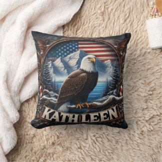 Bald Eagle by Mountains and Flag Cushion