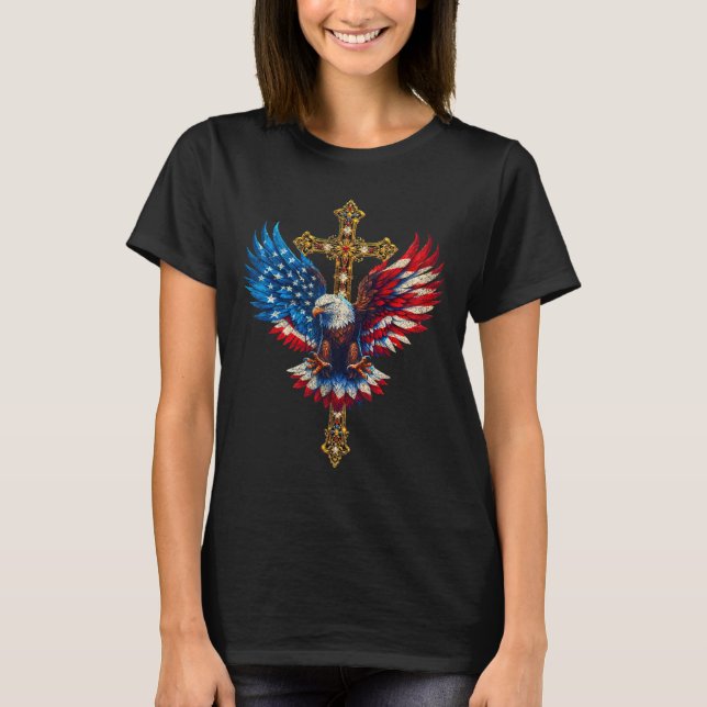 Bald Eagle Christian Faith Ctoss Usa Flag Patrioti T-Shirt (Front)
