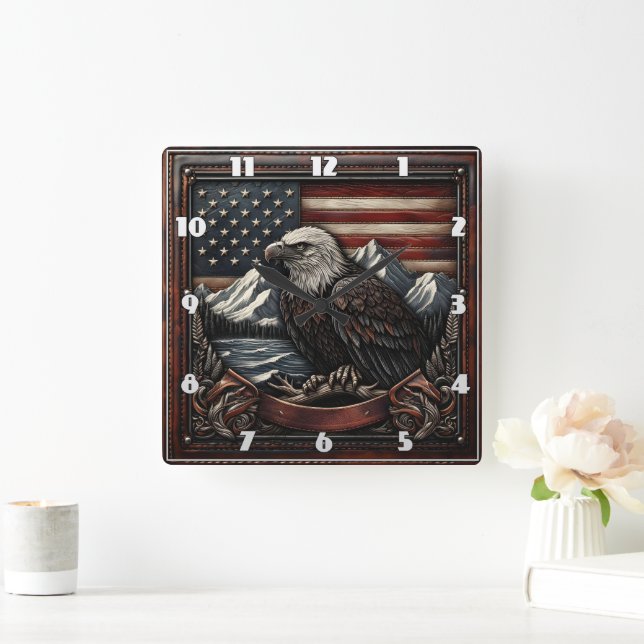 Bald Eagle Designed Against American Flag Motif Square Wall Clock (Home)