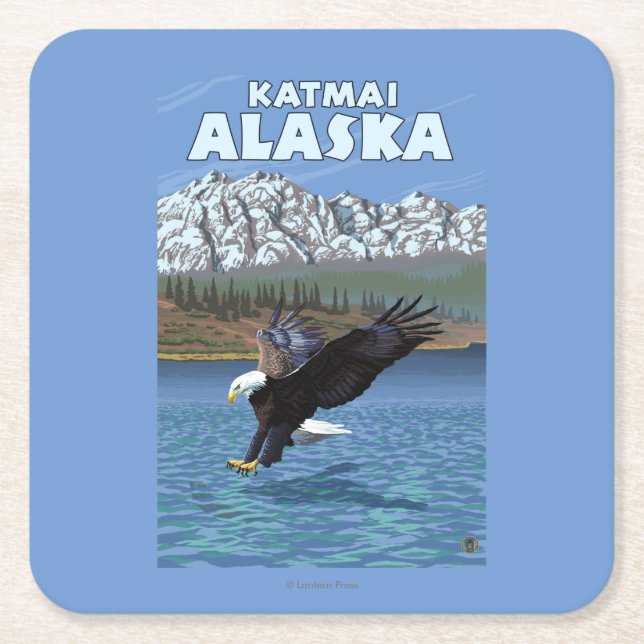 Bald Eagle Diving - Katmai, Alaska Square Paper Coaster (Front)