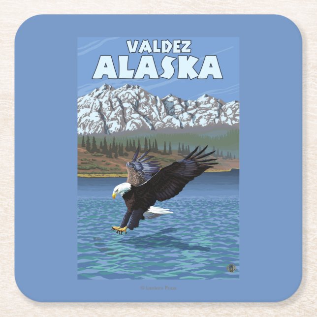 Bald Eagle Diving - Valdez, Alaska Square Paper Coaster (Front)
