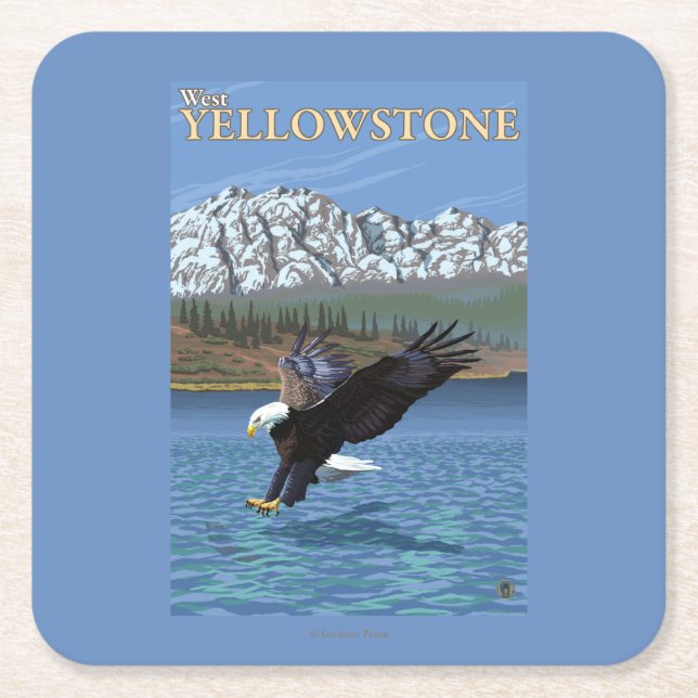 Bald Eagle Diving - West Yellowstone, MT Square Paper Coaster (Front)