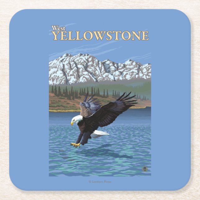 Bald Eagle Diving - West Yellowstone, MT Square Paper Coaster (Front)