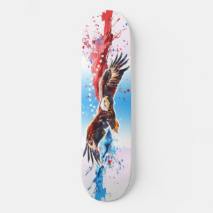 Bald Eagle Flies over a splash of red, white &blue Skateboard