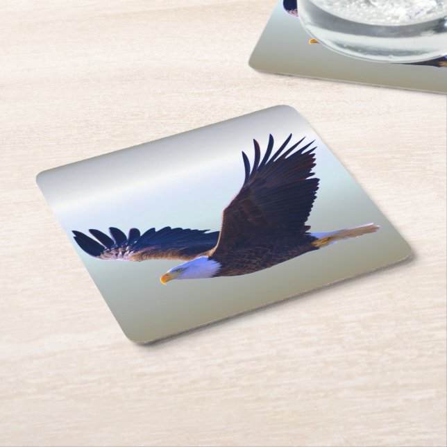 Bald Eagle Flying Square Paper Coaster (Angled)