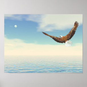 Bald eagle flying upon the ocean to the moon poster