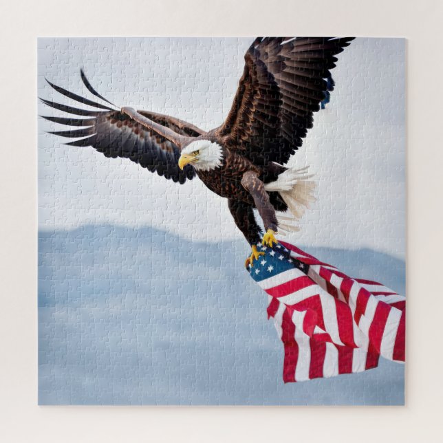 Bald Eagle Flying With American Flag Jigsaw Puzzle (Vertical)