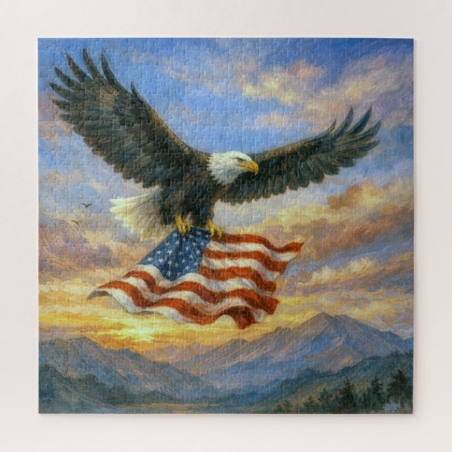 Bald Eagle Flying With American Flag Jigsaw Puzzle (Vertical)