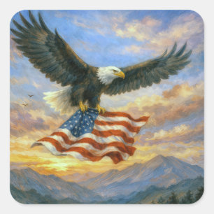 Bald Eagle Flying With American Flag Square Sticker