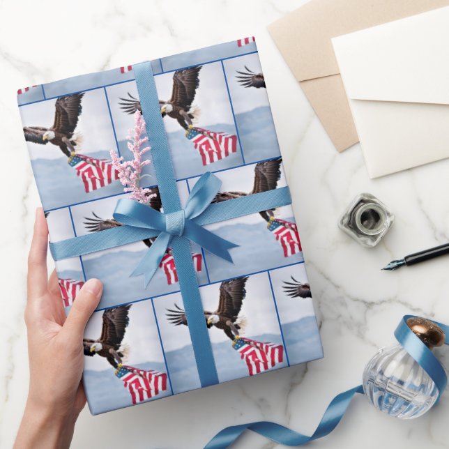Bald Eagle Flying With American Flag Wrapping Paper (Gifting)