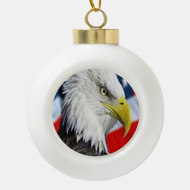 Bald Eagle head and a American flag Ceramic Ball Christmas Ornament (Front)