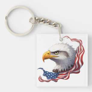 Bald Eagle Head with Flowing American Flag Key Ring