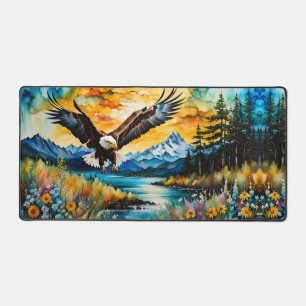 Bald Eagle Hunting in wildflowers Desk Mat