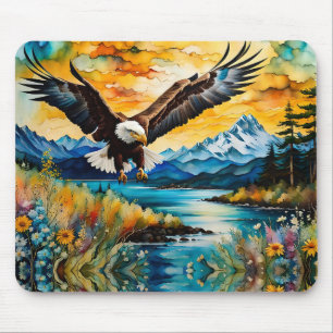 Bald Eagle Hunting in wildflowers Mouse Mat