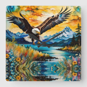 Bald Eagle Hunting in wildflowers Square Wall Clock