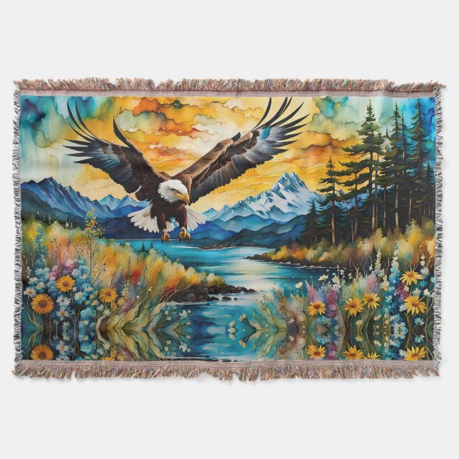 Bald Eagle Hunting in wildflowers Throw Blanket (Front)