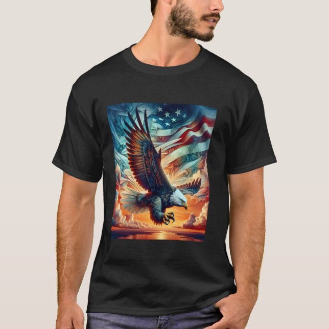 Bald Eagle Hunting With Flag In Sky Long Sleeve T  T-Shirt (Front)