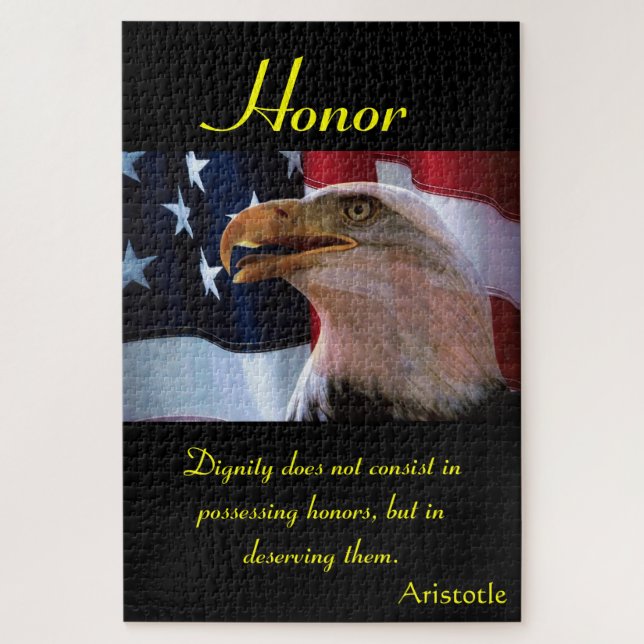 Bald eagle in front of a american flag jigsaw puzzle (Vertical)