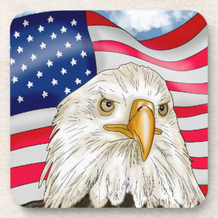 Bald Eagle in front of American Flag Patriotic Art Coaster
