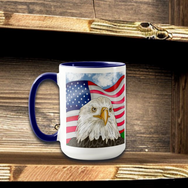 Bald Eagle in front of American Flag Patriotic Art Mug (Creator Uploaded)