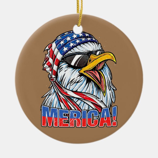 Bald Eagle 'Merica Retro American Flag Patriotic Ceramic Tree Decoration (Front)
