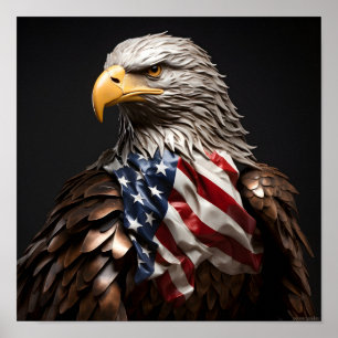 Bald Eagle metal sculpture with American flag Poster