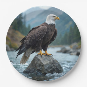Bald Eagle On a River Rock Paper Plate