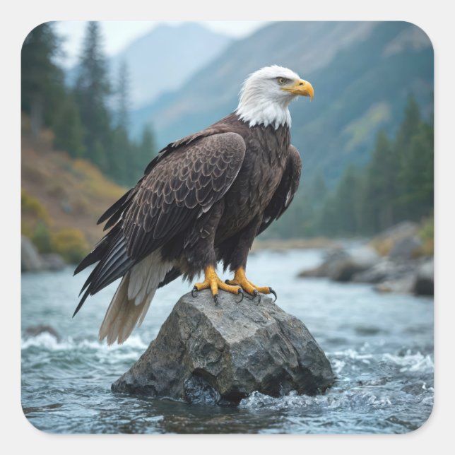 Bald Eagle On a River Rock Square Sticker (Front)