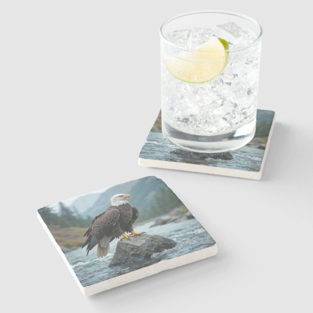 Bald Eagle On a River Rock Stone Coaster (Side)