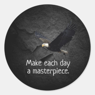 Bald Eagle on black stone with motivational quote Classic Round Sticker